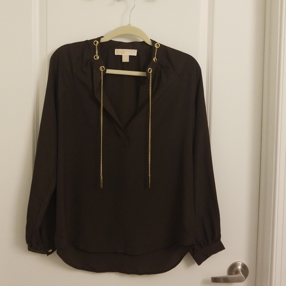 MK brown blouse with gold chain detail
